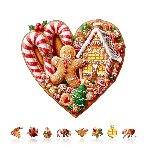 KaayeeWood Holzpuzzle Erwachsene,Herzförmige Weihnachtskekse,Einzigartige Wooden Puzzle Mit Geschenkbox,Geschenke für Kinder und Erwachsene(90 Stück,21.5 * 20.2cm) von KaayeeWood