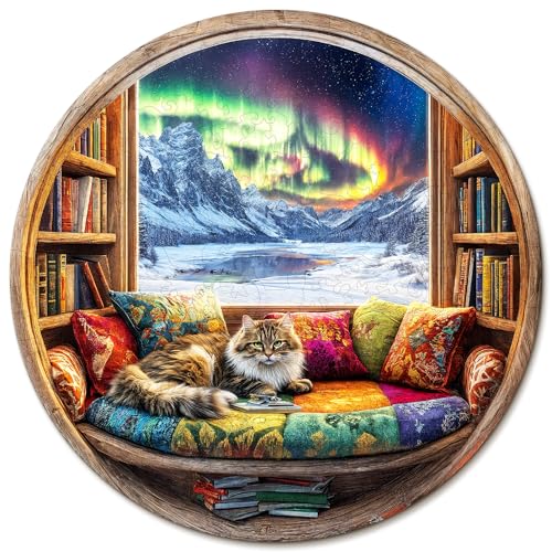 KaayeeWood Holzpuzzle Erwachsene,Katze und Buchhandlung Holzpuzzle,Einzigartige Wooden Puzzle Mit Geschenkbox,Geschenke für Kinder und Erwachsene(200 Stück,29 * 29cm) von KaayeeWood