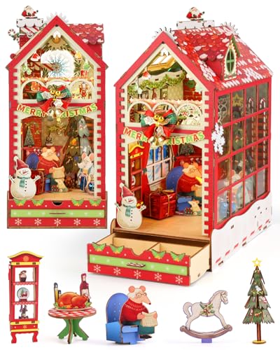 KaayeeeWood DIY Weihnachten Book Nook Kit,3D Holzpuzzle Miniatur Booknook Bücherregal Dekor mit LED, Bastelset Erwachsene,Weihnachten Dekor (Farbenfrohe Weihnachten) von KaayeeWood