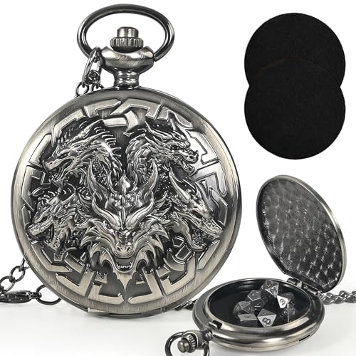 Kabinka DND-Würfel-Set, 7-teilig, Mini-Metallwürfel mit Taschenuhrgehäuse, tragbare D&D-Würfel mit Halskette, Dungeons and Dragons Würfel für RPG (fünfköpfiger Drache, antikes Silber) von Kabinka