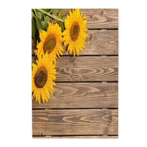 Drei Sonnenblumen auf hölzernem Holz, Haustier-Puzzle, Familientreffen, Stressabbau-Puzzle von KadUe