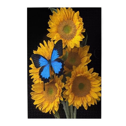 Gelbe Sonnenblumen mit blauen Schmetterlingen, Holzpuzzle, Haustier-Puzzle, Familientreffen, Stressabbau-Puzzle von KadUe