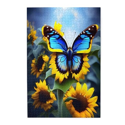 Holzpuzzle mit blauem Schmetterling, Motiv: Sonnenblumen, Haustier-Puzzle, Familientreffen, Stressabbau-Puzzles von KadUe