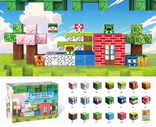Kadii Magnetische Bausteine Set, 2,5cm Große Steine, 102 Teile mit Bodenplatte, Konstruktionsspielzeug Geschenk ab 3 Jahre (Wald) von Kadii