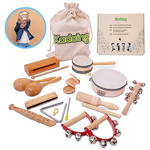 Kadoing® 18-teiliges Musikinstrumenten-Set aus Holz – Nachhaltiges Geschenk – Lernspielzeug – Geburtstag Zuhause – Montessori-Schule – Triangel – Tamburin – Rassel – Kinderspielzeug – Musik für Kinder von Kadoing