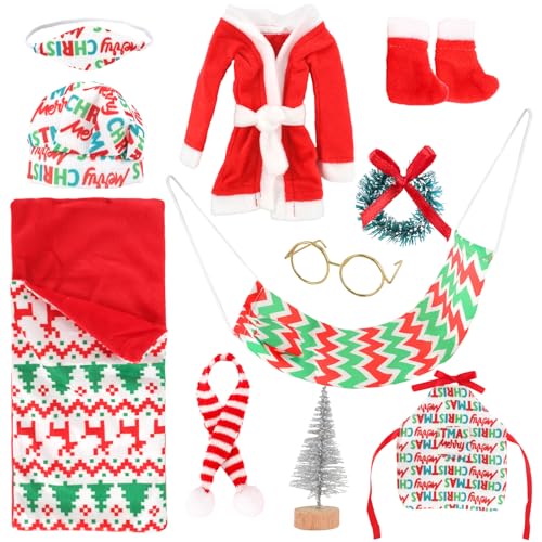 Elfen-Puppen-Zubehör, Requisiten, Kleidung, Idee für freche Elfen, Schlafsack-Set mit weihnachtlichem kariertem Schlafsack, Bademantel, Brille, Schürze, Regal-Set für Elfenpuppen-Dekorationen, 11 Elfen-Puppen-Zubehör, Requisiten, Kleidung, Idee für freche Elfen, Schlafsack-Set mit weihnachtlichem kariertem Schlafsack, Bademantel, Brille, Schürze, Regal-Set für Elfenpuppen-Dekorationen, 11 von Kaempe