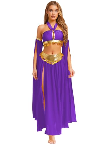 Kaerm Arabische Prinzessin Kostüm Damen Bauchtanz Outfit Neckholder Tanz Top Kurz Shirt Münzen Schlitzrock Chiffon Tanzrock Ärmel Dancewear Violett XXL von Kaerm