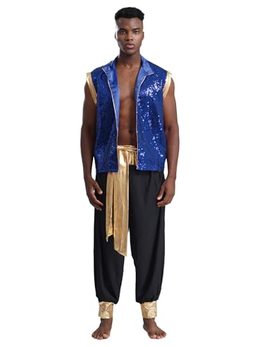 Kaerm Arabisches Kostüm Herren Indische Kleidung Pailletten Glitzer Weste Ärmellos Satin Mantel Mit Goldenbesatz Haremshose Leggings Faschingskostüm Blau Schwarz XXL von Kaerm