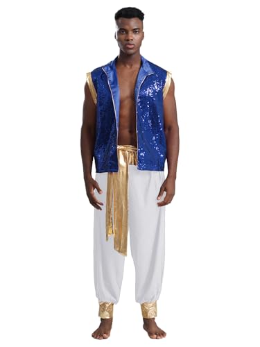 Kaerm Arabisches Kostüm Herren Indische Kleidung Pailletten Glitzer Weste Ärmellos Satin Mantel Mit Goldenbesatz Haremshose Leggings Faschingskostüm Blau Weiss XL von Kaerm