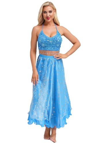 Kaerm Bauchtanz Kostüm Damen Kleid Pailletten BH Oberteil Quasten Kurz Tanz Top Mit Glitzer Sterne Tanzrock Tüllschicht Maxirock Für Fasching Karneval Hellblau Einheitsgröße Kaerm Bauchtanz Kostüm Damen Kleid Pailletten BH Oberteil Quasten Kurz Tanz Top Mit Glitzer Sterne Tanzrock Tüllschicht Maxirock Für Fasching Karneval Hellblau Einheitsgröße von Kaerm
