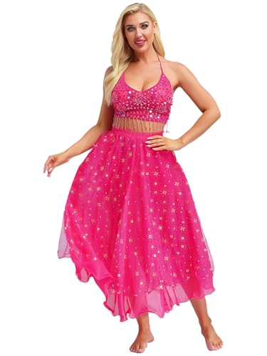 Kaerm Bauchtanz Kostüm Damen Kleid Pailletten BH Oberteil Quasten Kurz Tanz Top Mit Glitzer Sterne Tanzrock Tüllschicht Maxirock Für Fasching Karneval Hot Pink Einheitsgröße Kaerm Bauchtanz Kostüm Damen Kleid Pailletten BH Oberteil Quasten Kurz Tanz Top Mit Glitzer Sterne Tanzrock Tüllschicht Maxirock Für Fasching Karneval Hot Pink Einheitsgröße von Kaerm