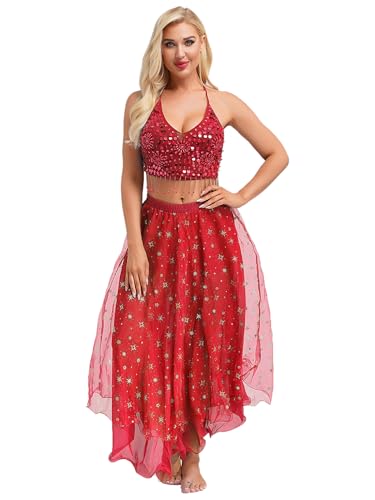 Kaerm Bauchtanz Kostüm Damen Kleid Pailletten BH Oberteil Quasten Kurz Tanz Top Mit Glitzer Sterne Tanzrock Tüllschicht Maxirock Für Fasching Karneval Rot Einheitsgröße Kaerm Bauchtanz Kostüm Damen Kleid Pailletten BH Oberteil Quasten Kurz Tanz Top Mit Glitzer Sterne Tanzrock Tüllschicht Maxirock Für Fasching Karneval Rot Einheitsgröße von Kaerm