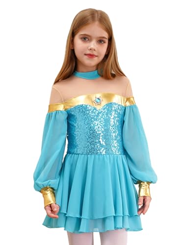 Kaerm Bauchtanz Kostüm Kinder Mädchen Aladin Kleid Pailletten Glitzer Tanzkleid Langarm Metallic Patchwork Ballettkleid Für Fasching Karneval Mottoparty Hellblau 146-152 von Kaerm