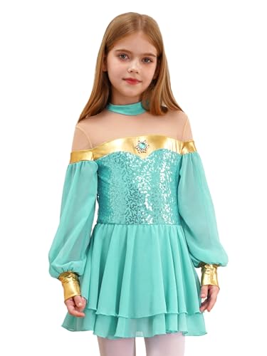 Kaerm Bauchtanz Kostüm Kinder Mädchen Aladin Kleid Pailletten Glitzer Tanzkleid Langarm Metallic Patchwork Ballettkleid Für Fasching Karneval Mottoparty Hellgrün 146-152 von Kaerm