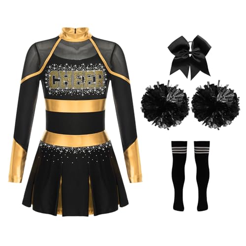 Kaerm Cheer Leader Kostüm Kinder Mädchen Cheerleaderin Kleid Langarm Tanzkleid Metallic Patchwork Sportkleid Mit Pompoms Socken Stirnband Tanzkostüm Gold & Schwarz 158-164 Kaerm Cheer Leader Kostüm Kinder Mädchen Cheerleaderin Kleid Langarm Tanzkleid Metallic Patchwork Sportkleid Mit Pompoms Socken Stirnband Tanzkostüm Gold & Schwarz 158-164 von Kaerm