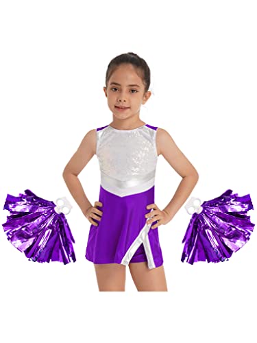 Kaerm Cheer Leader Kostüm Kinder Mädchen Schuluniform Ärmellos Sportkleid Glitzer Tenniskleid Mit Pom Poms Karneval Fasching Cosplay Verkleidung Violett 158-164 von Kaerm