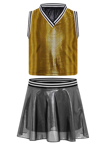 Kaerm Cheer Leader Kostüm Kinder Mädchen Tanzkleid Pailletten Glitzer Cheerleaderin Kleid Ärmellos Oberteil Minirock Mit Innenshorts Dancewear Gold 134-140 Kaerm Cheer Leader Kostüm Kinder Mädchen Tanzkleid Pailletten Glitzer Cheerleaderin Kleid Ärmellos Oberteil Minirock Mit Innenshorts Dancewear Gold 134-140 von Kaerm
