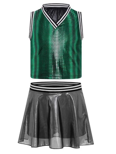 Kaerm Cheer Leader Kostüm Kinder Mädchen Tanzkleid Pailletten Glitzer Cheerleaderin Kleid Ärmellos Oberteil Minirock Mit Innenshorts Dancewear Grün 122-128 Kaerm Cheer Leader Kostüm Kinder Mädchen Tanzkleid Pailletten Glitzer Cheerleaderin Kleid Ärmellos Oberteil Minirock Mit Innenshorts Dancewear Grün 122-128 von Kaerm