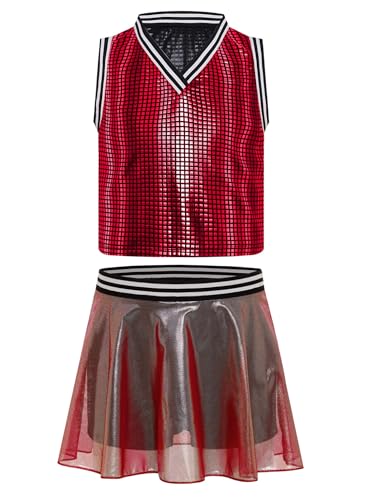 Kaerm Cheer Leader Kostüm Kinder Mädchen Tanzkleid Pailletten Glitzer Cheerleaderin Kleid Ärmellos Oberteil Minirock Mit Innenshorts Dancewear Rot 158-164 von Kaerm