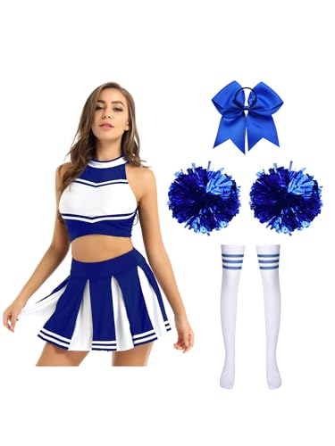 Kaerm Cheerleading Kostüm Damen Bauchfrei Schoolgirl Outfit Sexy Ärmellos Oberteil Faltenrock Mit Stirband Handblumen Und Strümpfe Tanzkostüm Blau B S von Kaerm