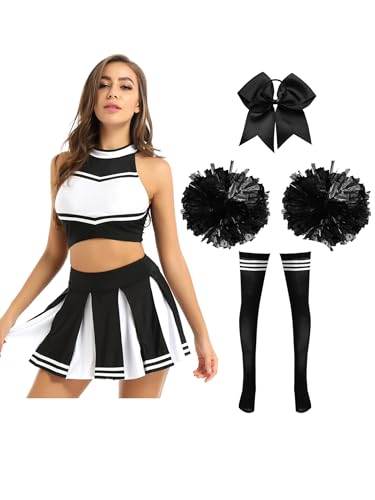 Kaerm Cheerleading Kostüm Damen Bauchfrei Schoolgirl Outfit Sexy Ärmellos Oberteil Faltenrock Mit Stirband Handblumen Und Strümpfe Tanzkostüm Schwarz A XL von Kaerm