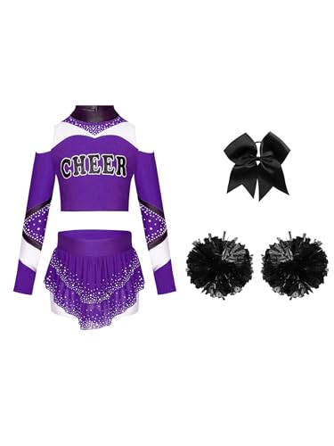 Kaerm Cheerleading Kostüm Kinder Mädchen Langarm Tanz Top + Strass Glitzer Minirock + Schleife Stirnband + Pompons 4tlg Dancewear Lila & Schwarz 146-152 Kaerm Cheerleading Kostüm Kinder Mädchen Langarm Tanz Top + Strass Glitzer Minirock + Schleife Stirnband + Pompons 4tlg Dancewear Lila & Schwarz 146-152 von Kaerm