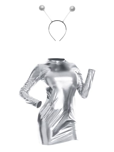 Kaerm Damen Alien Kostüm Langarm Metallic Kleid + Alien Haarband 2tlg Space Girl Travel Outfit Für Fasching Karneval Mottoparty B Silber M Kaerm Damen Alien Kostüm Langarm Metallic Kleid + Alien Haarband 2tlg Space Girl Travel Outfit Für Fasching Karneval Mottoparty B Silber M von Kaerm