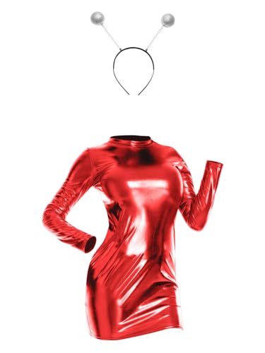 Kaerm Damen Alien Kostüm Glänzed Metallic Wetlook Kleider + Haarband 2tlg Set Fasching Karneval Mottoparty Verkleidung Rot M von Kaerm