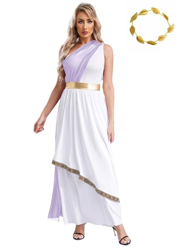 Kaerm Damen Grichischer Antike Griechenland Kostüm Ärmellos Weiß Gold Griechisch Römische Toga Kleid Ein Schulter Edles Kleid Lang mit Lorbeerkranz Gold Lavendel S von Kaerm