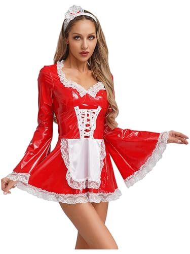 Kaerm Damen Lack PVC Dienstmädchen Kleid Wetlook Minikleid Langarm Partykleid Spitzenbesatz Abendkleid Mit Stirnband Cosplay Outfit Rot L von Kaerm