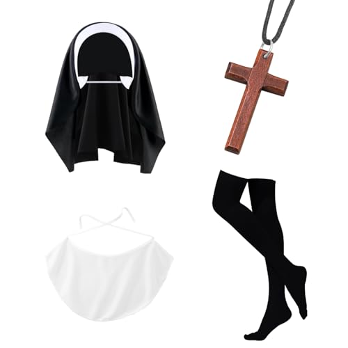 Kaerm Damen Nonnenhaube Nonnenkostüm Set Kloster Nonnen Kostüm 3 TLG. Ordensschwester Kostümset Faschingskostüm Kirche Bibel Mottoparty Accessoires Schwarz 4er Set One Size von Kaerm