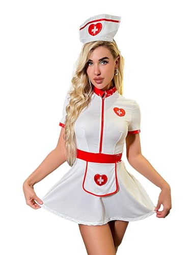 Kaerm Damen Sexy Cosplay Uniform Set Krankenschwester Kleid Dessous Outfit Mini Slips Haube Teddy Unterwäsche Halloween Kostüm Set Weiß B L von Kaerm