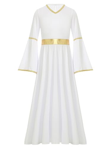 Kaerm Engel Kostüm Kinder Mädchen Liturgisch Lob Tanzkleid Trompetenärmel Maxikleid Goldenbesatz Abendkleid Antike Griechische Göttin Kostüm Weiß 158-164 von Kaerm