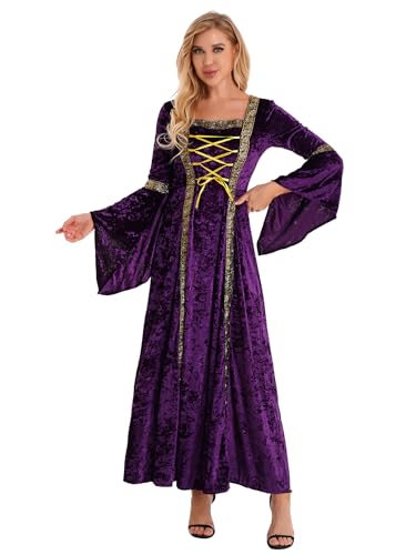 Kaerm Gothic Kleid Damen Vintage Maxi Mittelalterliches Kleid mit Trompetenärmeln Gebundene Taille Kleid Halloween Karneval Party Kostüm Violett XL von Kaerm