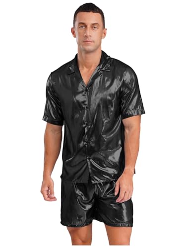 Kaerm Herren Transparent Disco Hemd Kurzarm Reverskragen Oberteil Wetlook Glitzer Shorts Stretch Kurze Hose Leggings Gr. S-3XL Schwarz XXL von Kaerm
