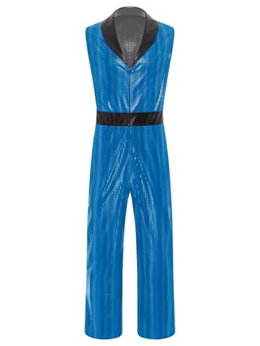 Kaerm Hippie Kostüm Herren 70 Jahre Disco Outfit Pailletten Glitzer Overall Ärmellos Jumpsuit V-Ausschnitt Tanzanzug Für Fasching Karneval Blau XL von Kaerm