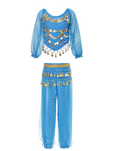 Kaerm Indische Arabische Bauchtanz Kleidung Kinder Mädchen Set Langarm Pailletten Shirt Quaste Tanztop Mit Tanzhose Yogahose Und Gürtel Dancewear Himmelblau 110-122 von Kaerm