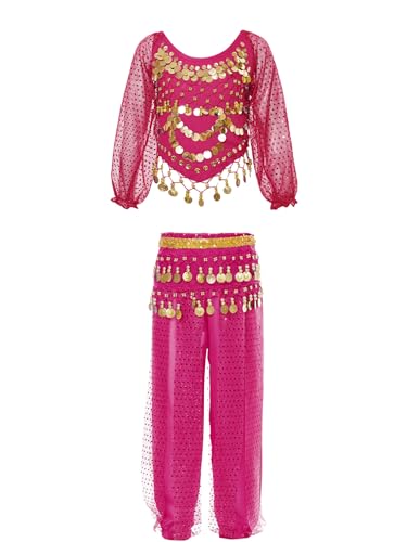 Kaerm Indische Arabische Bauchtanz Kleidung Kinder Mädchen Set Langarm Pailletten Shirt Quaste Tanztop Mit Tanzhose Yogahose Und Gürtel Dancewear Hot Pink 110-122 von Kaerm