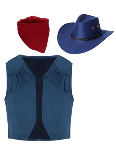 Kaerm Kinder Junge Cowboy Kostüm Rodeo Wilder Western Westen Ärmellos Fransenjacke Mit Bandana Kopftuch Cowboyhut Für Karneval Fasching Mottoparty Navy blau 170 von Kaerm