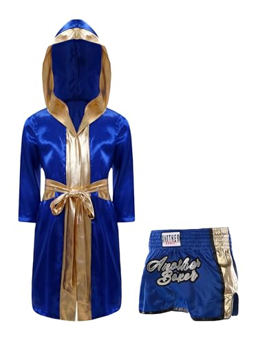 Kaerm Kinder Junge MMA Anzug Muay Thai Set Langarm Satin Kapuzenumhang Mit Boxer Shorts Gürtel 3tlg Boxing Trainingsanzug Königsblau 170 von Kaerm