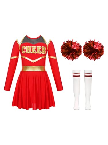 Kaerm Kinder Mädchen Cheerleaderin Kostüm Langarm Cheer Leader Kleid Metallic Patchwork Tanzkleid Mit Pompons Strümpfe Tanzkleidung Für 5-16 Jahre Ein Rot 146-152 von Kaerm