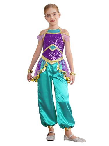 Kaerm Prinzessin Kostüm Kinder Mädchen Bauchtänzerin Outfit Film Bauchtanz Tüll Ganzanzug Tanzanzug Für Fasching Karneval Mottoparty Violett 170 von Kaerm