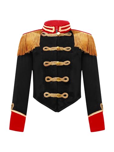 Kaerm Zirkus Dompteur Kostüm Kinder Fasching Karneval Dompteurin Uniform Langarm Fransen Quaste Jacke Stehkragen Frack Mantel Königliche Uniform A_Schwarz 158-164 von Kaerm