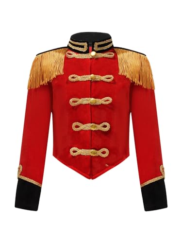 Kaerm Zirkus Dompteur Kostüm Kinder Fasching Karneval Dompteurin Uniform Langarm Fransen Quaste Jacke Stehkragen Frack Mantel Königliche Uniform A_Rot 98-104 von Kaerm