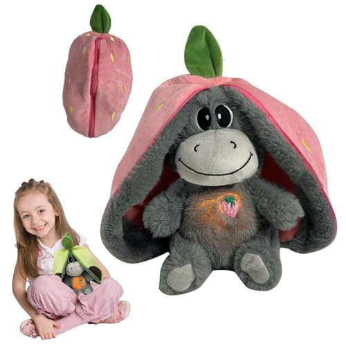 Atmendes Kuscheltier, Schlafender Esel Kuscheltier Weiches Erdbeer Avocado Esel Plüschtier Puppe Mit Atembewegung und Musik, Stressabbau Stofftier für Schlafende Kinder (Rosa) von Kaezuy