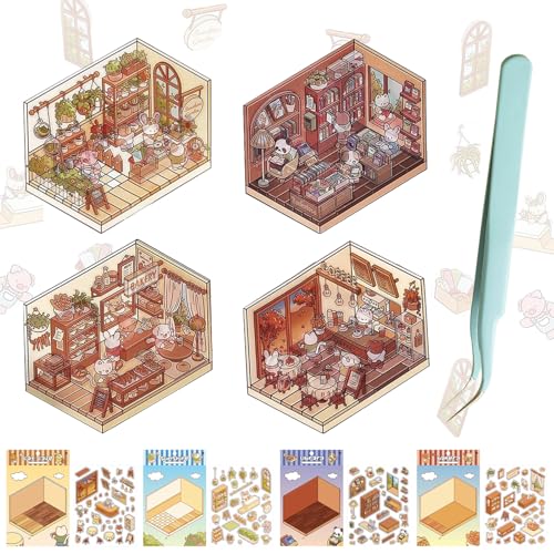 Kaezuy 4 Verschiedene 3D-Sticker-Sets mit Hakenpinzette DIY Kreative Szenen Gestalten für Erwachsene und Kinder (B) von Kaezuy