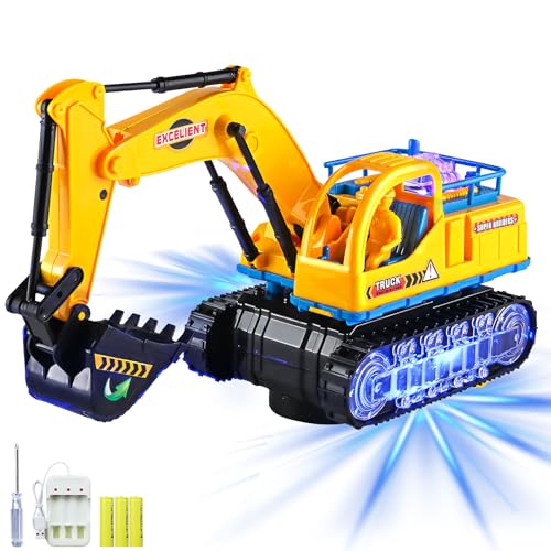Kaezuy Ferngesteuertes Bagger Spielzeug mit LED-Lichtern und Soundeffekten | Robuster Kunststoff Sandkasten Spielzeug für Kinder ab 3 Jahren | Inklusive 3 Akkus und USB-Ladekabel (B) von Kaezuy
