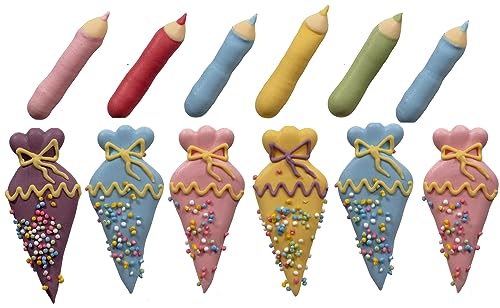 Kaffeehaus Diamant bunte Schultüten & Stifte je 6 Stück, farbenfrohes Zuckerdekor zur Einschulung, Zuckerdekorationen mit Perlen zum Schulstart für Kuchen & Muffins, 100% vegan, natürlich gefärbt von Kaffeehaus Diamant