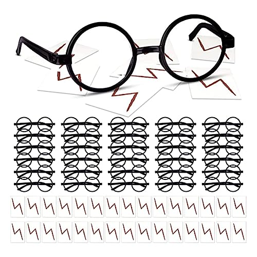 Kahdsvby 30 Stück Zauberer Rundes Brillengestell Ohne Gläser Brillen Aus Schwarzem Kunststoff mit 30 Stück Bolzen-Tattoos für Kinder-Halloween-Party von Kahdsvby