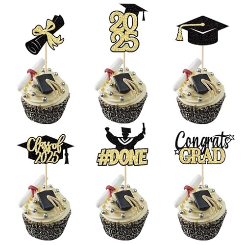 Cupcake-Topper zum Schulabschluss, Klasse 2025, Abschlussdekoration, Kuchendekoration, Glitzer, Gold, Schwarz, Glückwunsch, Abschluss, Junggesellenabschied, Party, Essen, Obst, Cocktailspieße Cupcake-Topper zum Schulabschluss, Klasse 2025, Abschlussdekoration, Kuchendekoration, Glitzer, Gold, Schwarz, Glückwunsch, Abschluss, Junggesellenabschied, Party, Essen, Obst, Cocktailspieße von Kaiperala
